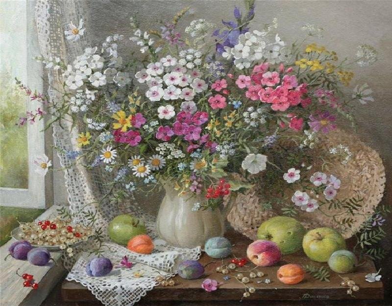 Still Life with Flowers and Fruit — White, Serene