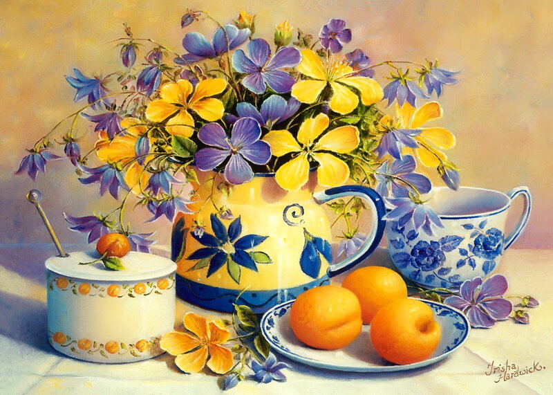 Still Life with Flowers and Fruit — Yellow, Calm, Afternoon, Painting, Teapot, Cup