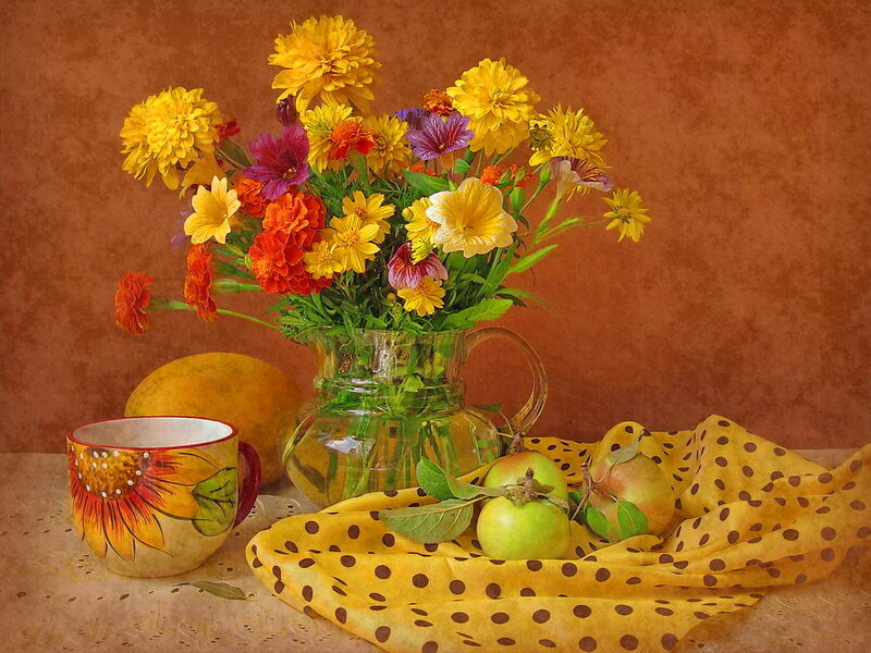 Still Life with Flowers and Fruit — Yellow, Calm, Afternoon, Painting