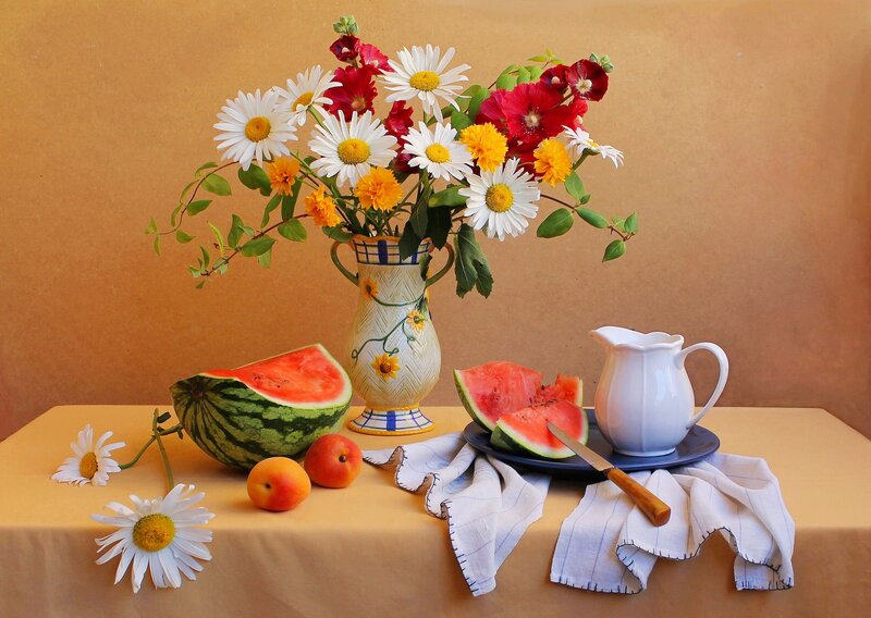 Still Life with Flowers and Fruit — Yellow, Calm, Afternoon, Photograph