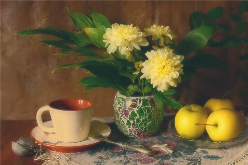 Still Life with Flowers and Fruit — Yellow, Calm, Painting