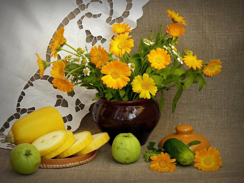 Still Life with Flowers and Fruit — Yellow, Calm, Photograph, Apples