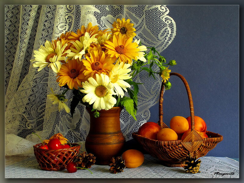 Still Life with Flowers and Fruit — Yellow, Calm, Photograph, Basket