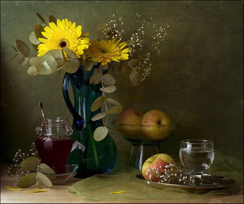 Still Life with Flowers and Fruit — Yellow, Calm, Photograph