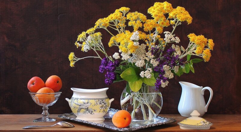 Still Life with Flowers and Fruit — Yellow, Calm, Photograph, Vase, Pitcher