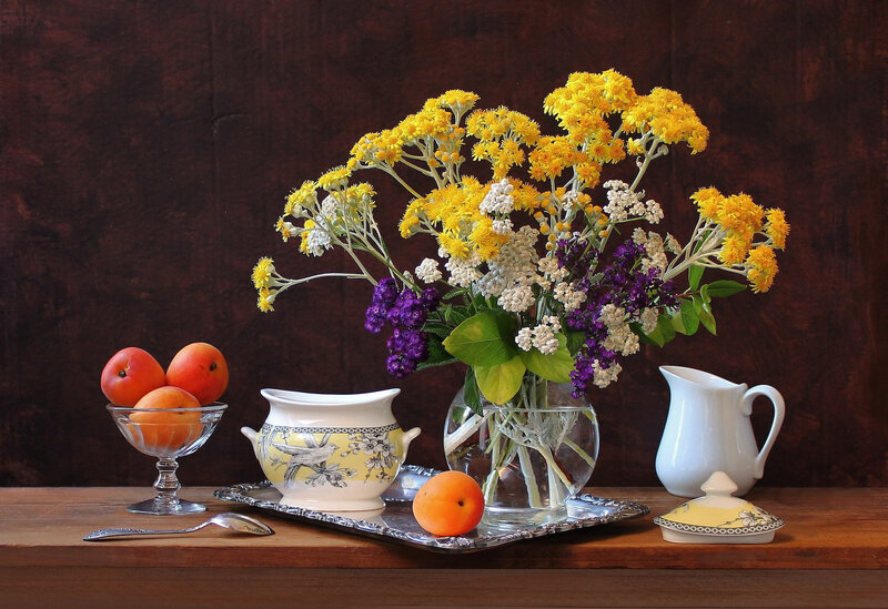 Still Life with Flowers and Fruit — Yellow, Calm, Photograph, Vase