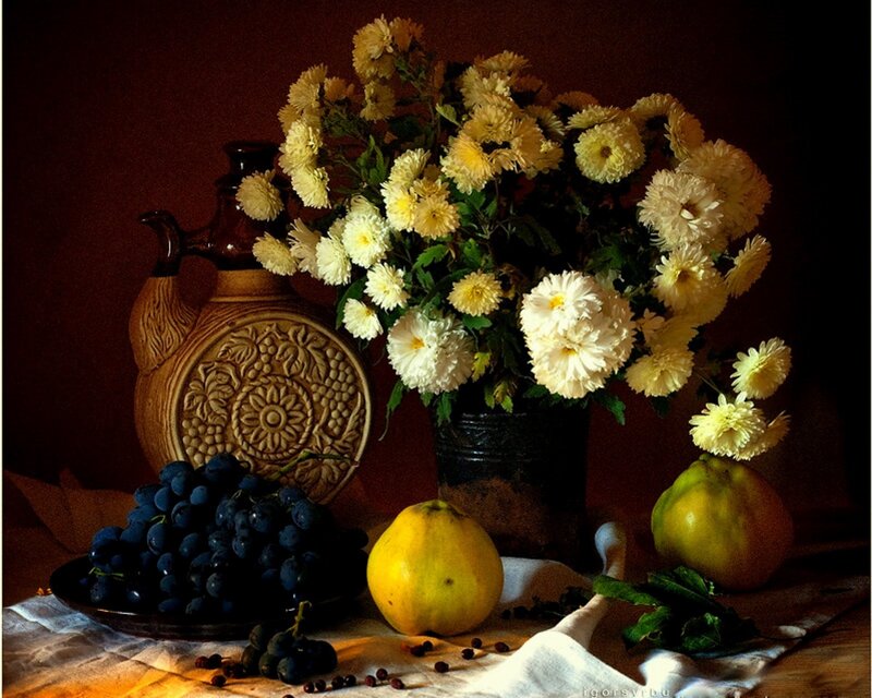 Still Life with Flowers and Fruit — Yellow, Dramatic, Painting