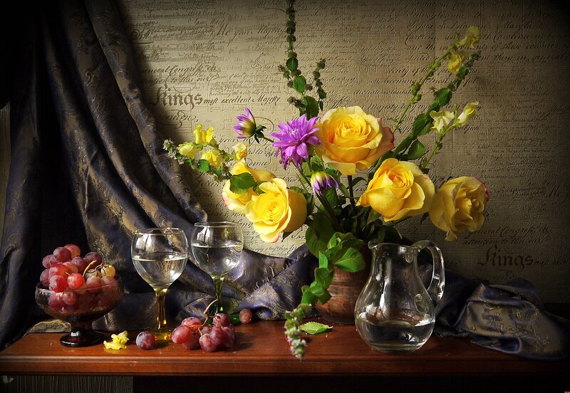 Still Life with Flowers and Fruit — Yellow, Dramatic, Photograph