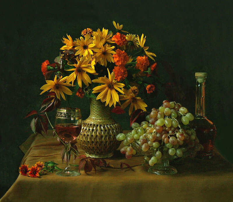 Still Life with Flowers and Fruit — Yellow, Dramatic