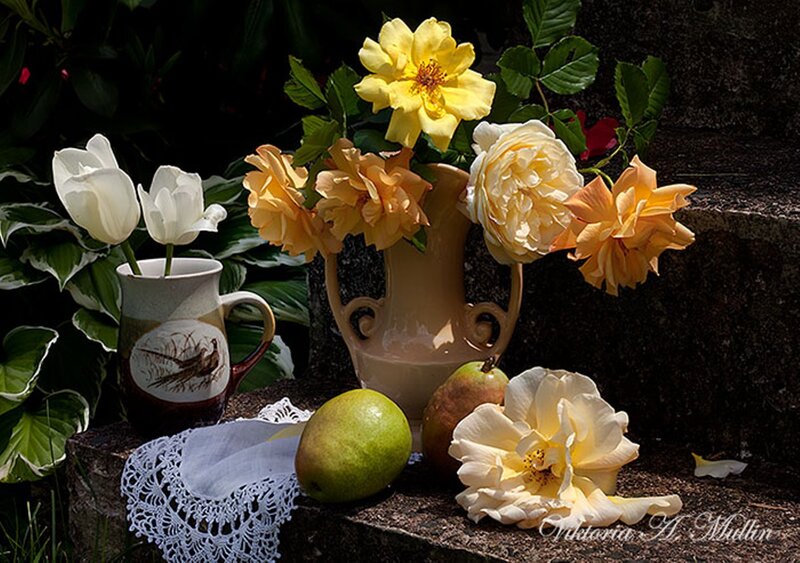 Still Life with Flowers and Fruit — Yellow, Serene, Afternoon, Photograph