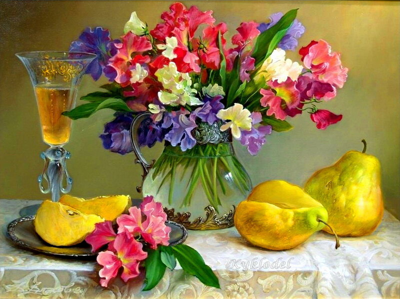 Still Life with Flowers and Fruit — Yellow, Serene, Painting