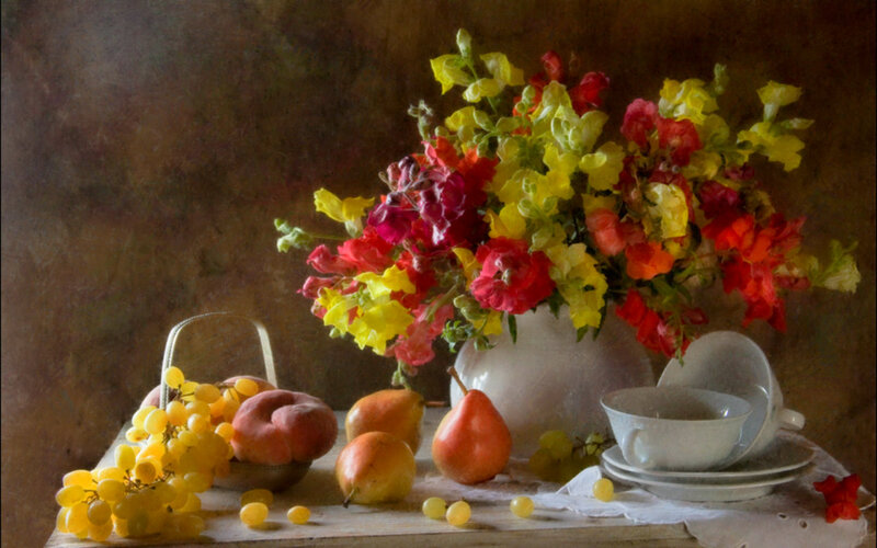 Still Life with Flowers and Fruit — Yellow, Serene, Painting, Vase