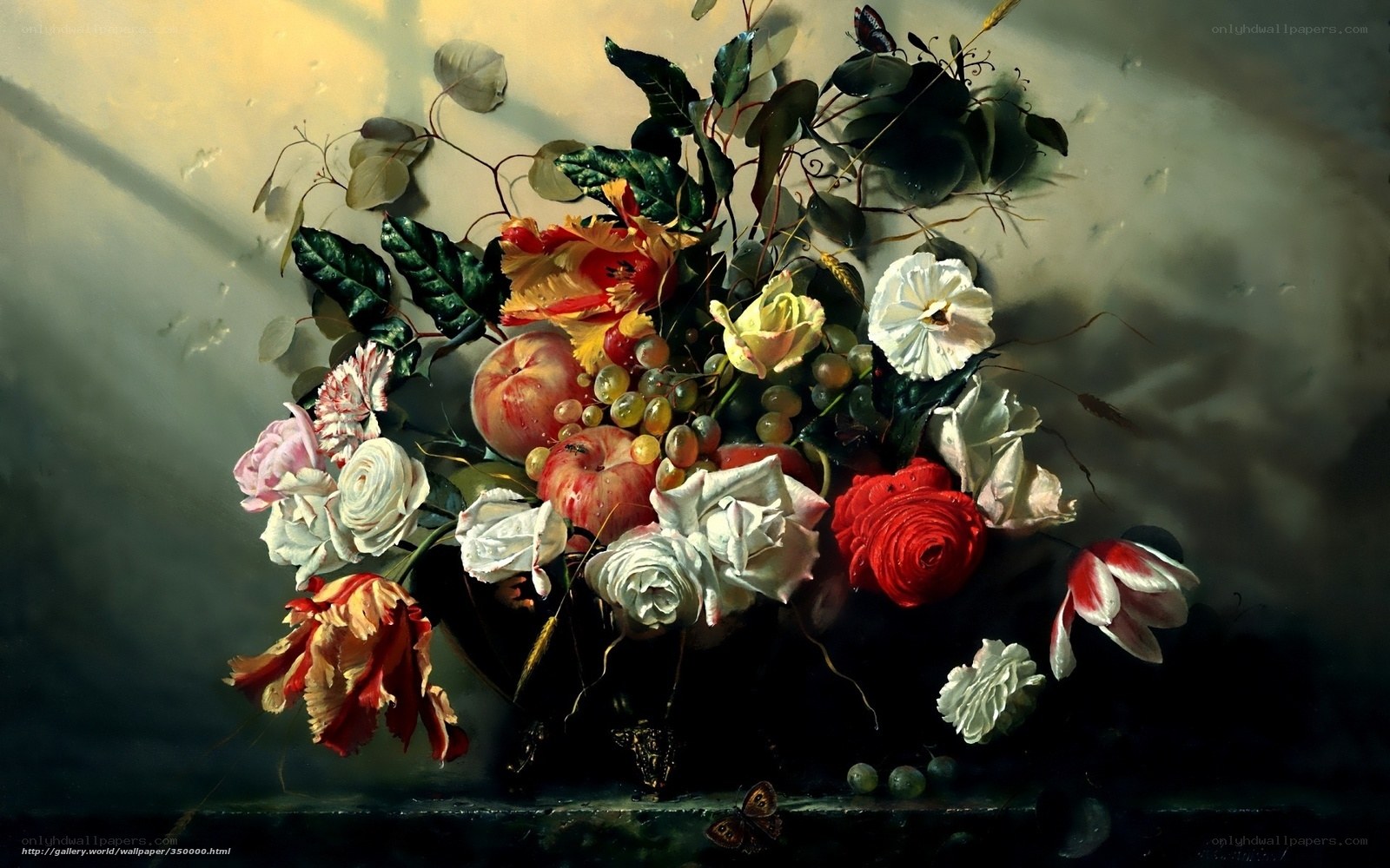 Still life with flowers and fruit