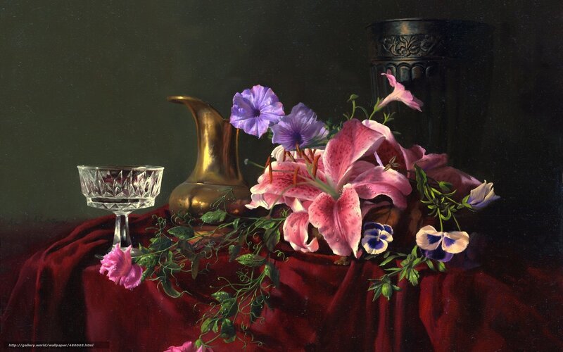 Still life with flowers and glass