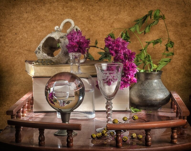 Still Life with Flowers and Glassware — Brown