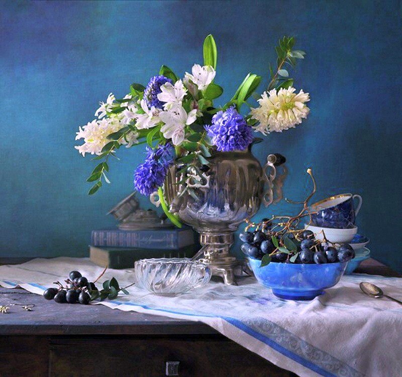 Still Life with Flowers and Grapes — Blue