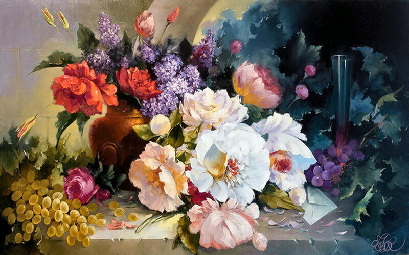 Still Life with Flowers and Grapes — Purple