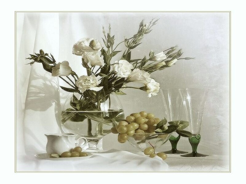 Still life with flowers and grapes