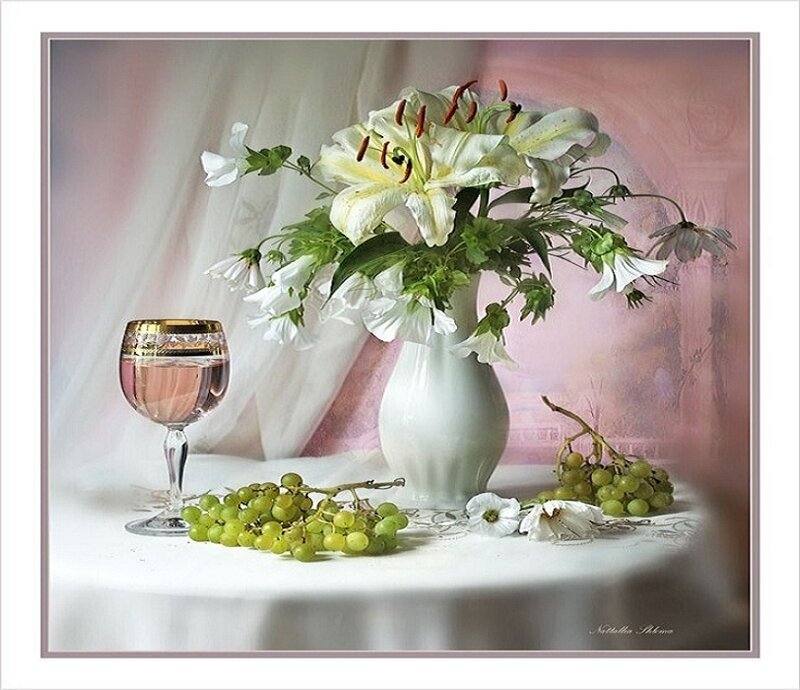 Still Life with Flowers and Grapes — White