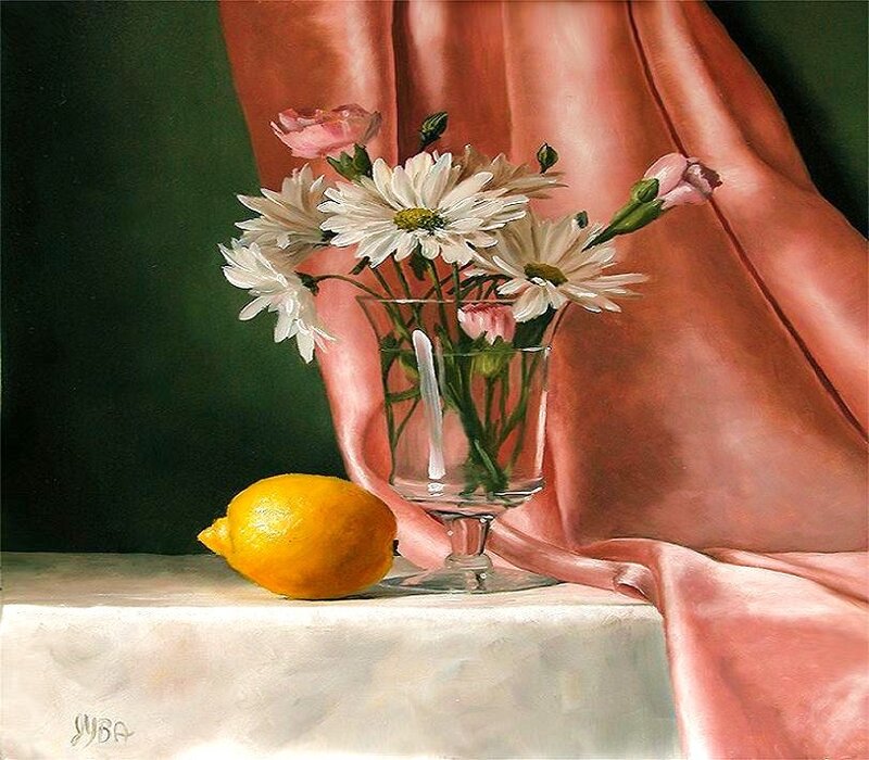 Still life with flowers and lemon