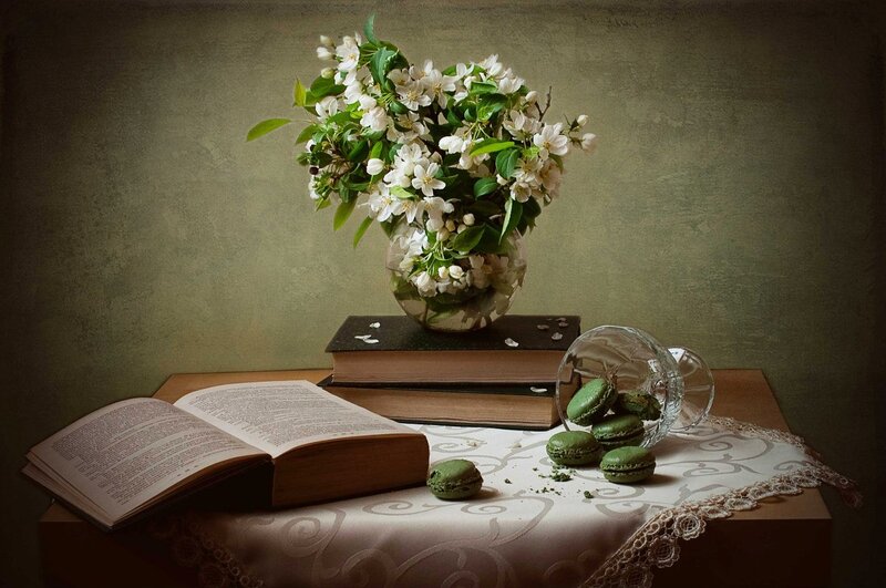 Still Life with Flowers and Macarons