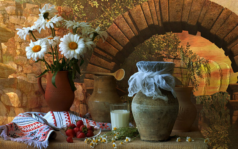 Still Life with Flowers and Milk — Brown