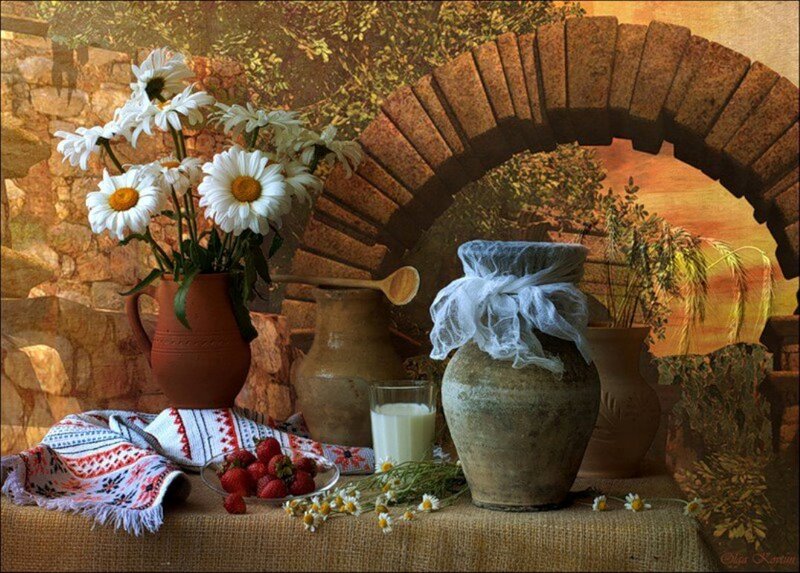 Still Life with Flowers and Milk