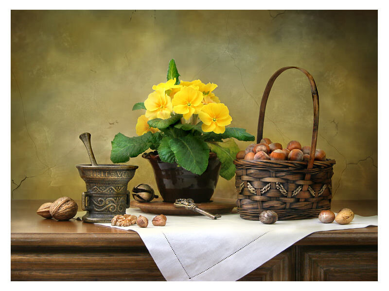 Still life with flowers and nuts