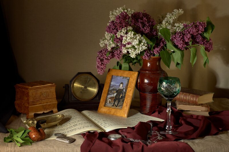 Still Life with Flowers and Objects — Brown, Dramatic