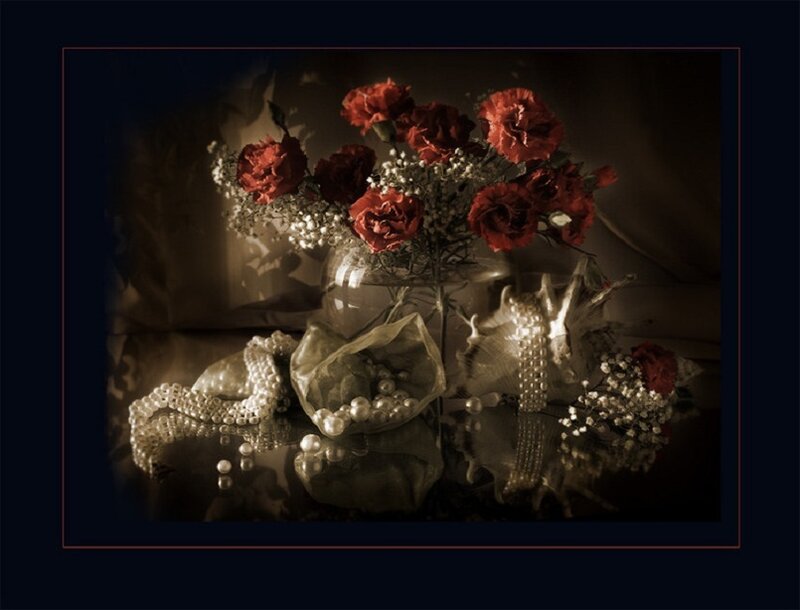 Still life with flowers and pearls