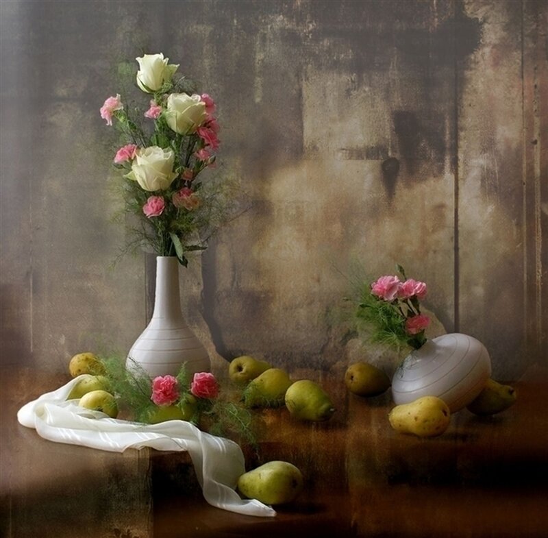 Still Life with Flowers and Pears — Brown, Serene, Photograph