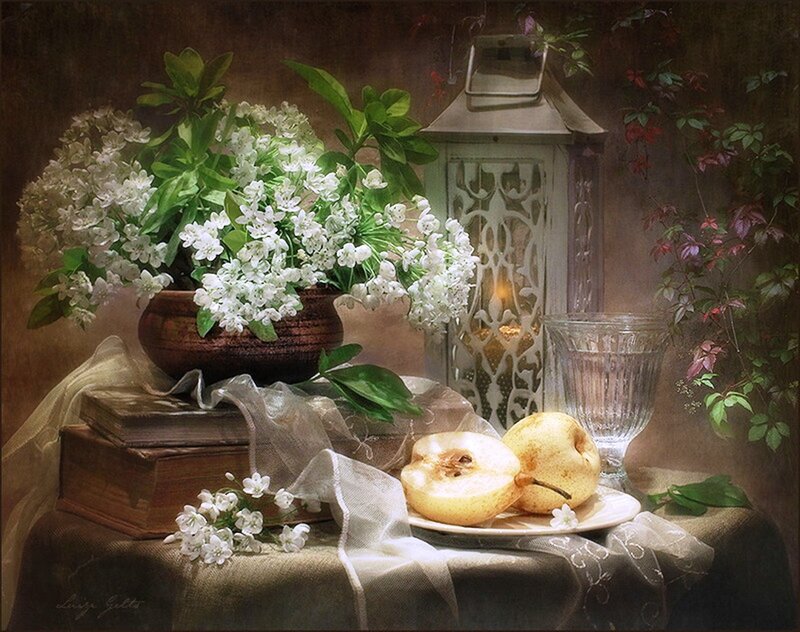 Still Life with Flowers and Pears — Brown, Serene