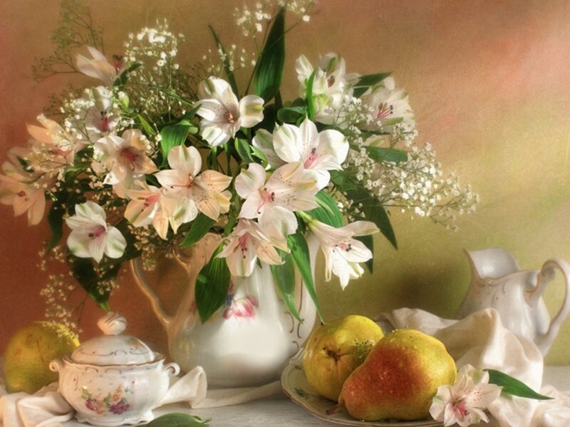 Still life with flowers and pears
