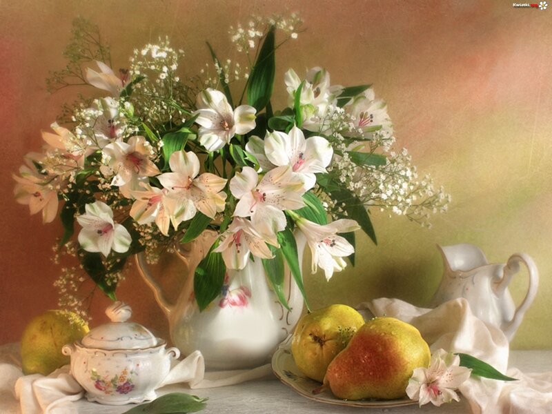 Still Life with Flowers and Pears — White, Serene