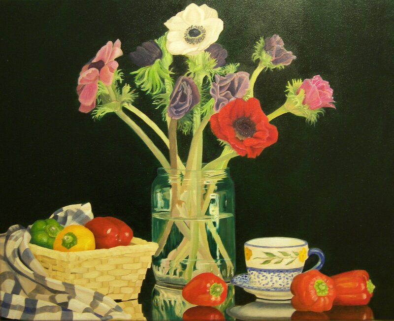 Still life with flowers and peppers