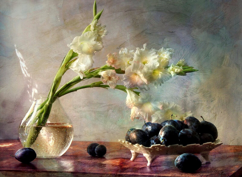 Still life with flowers and plums
