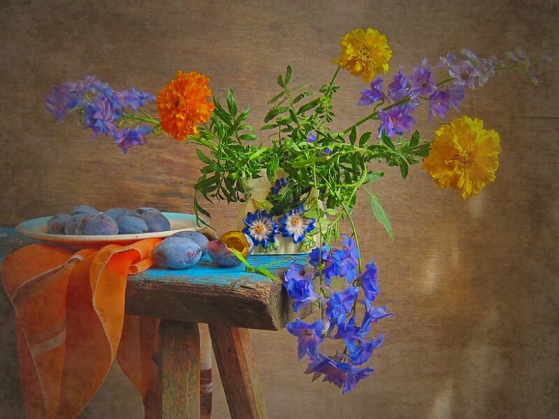 Still Life with Flowers and Plums — Blue