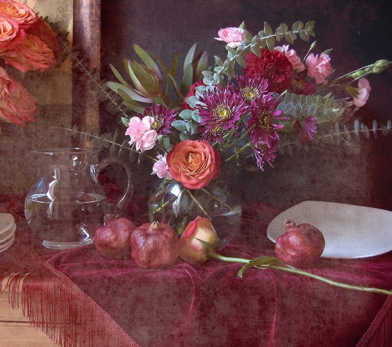 Still Life with Flowers and Pomegranates — Red