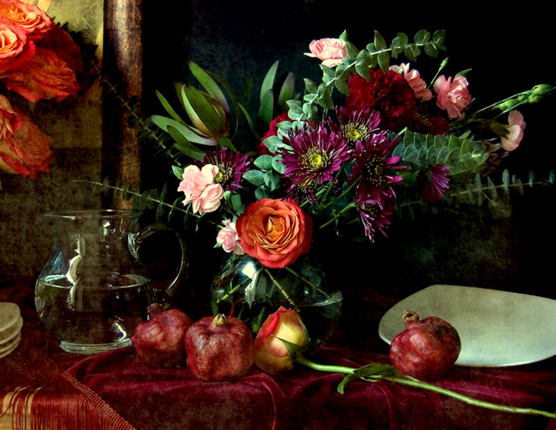 Still life with flowers and pomegranates