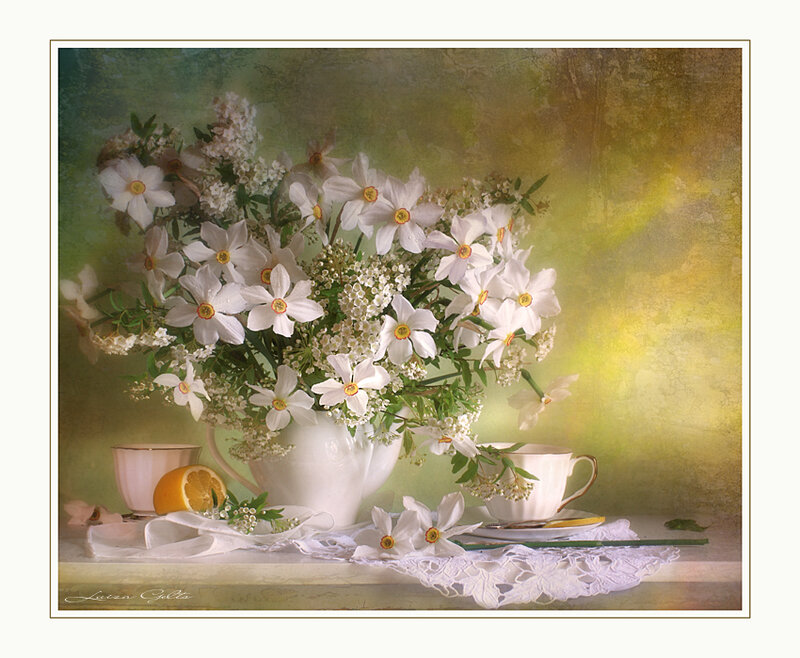 Still life with flowers and tea