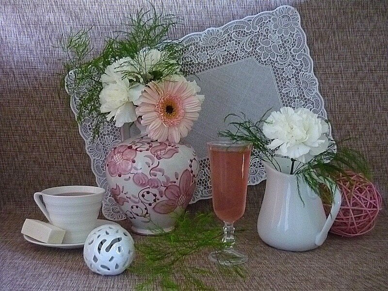 Still life with flowers and tea