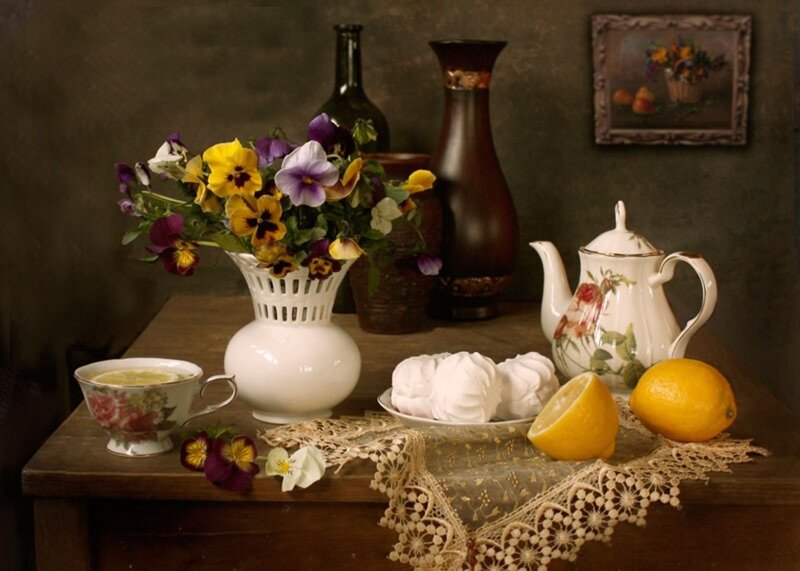 Still Life with Flowers and Tea — Brown