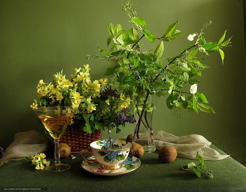 Still Life with Flowers and Tea — Green, Serene, Photograph