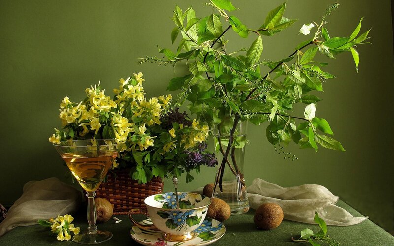 Still Life with Flowers and Tea — Green, Serene, Spring