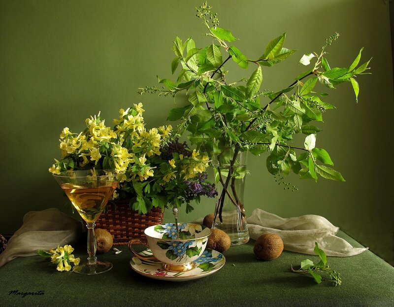 Still Life with Flowers and Tea — Green, Serene