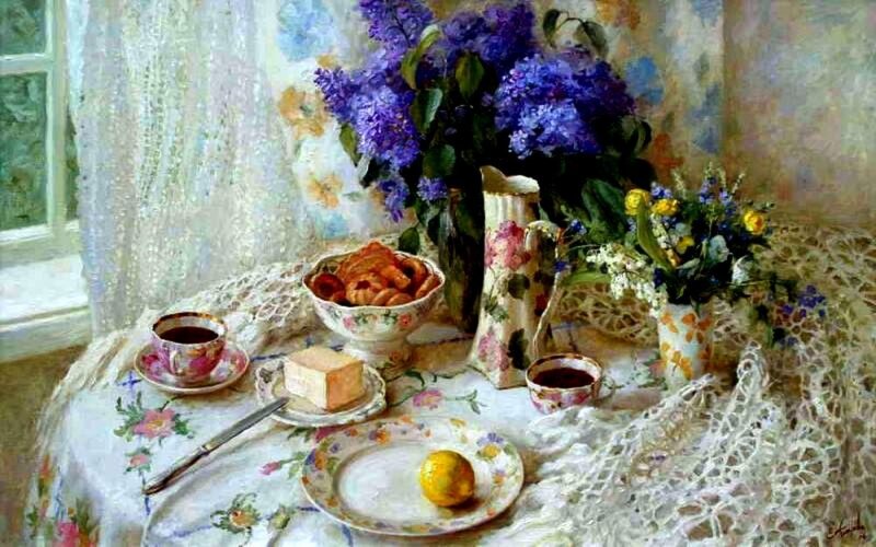 Still Life with Flowers and Tea — Purple