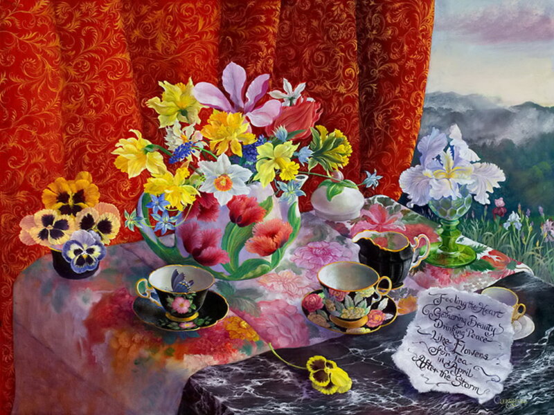 Still Life with Flowers and Tea — Red, Serene