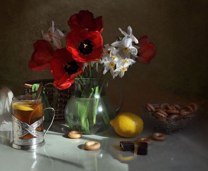 Still Life with Flowers and Tea — Red