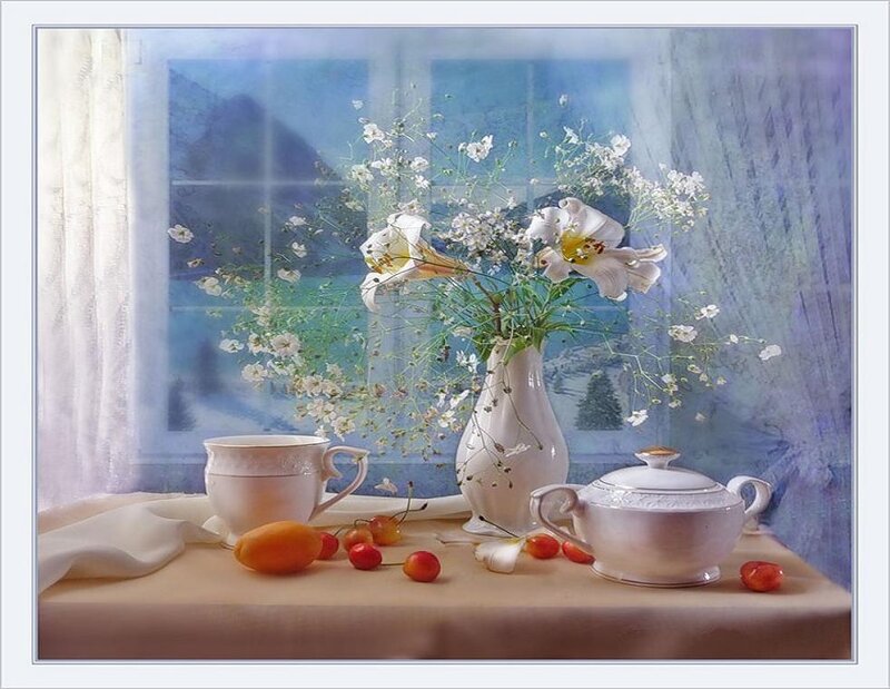 Still life with flowers and tea set