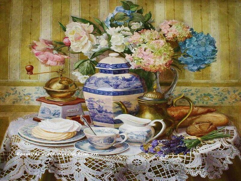 Still Life with Flowers and Tea Set — Blue, Serene